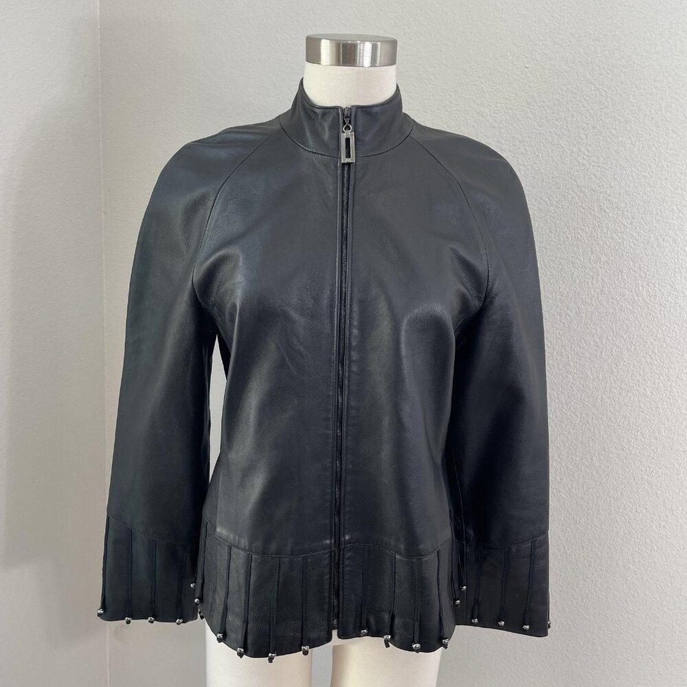 St John Collection Jacket Womens 4 Black 100% Leather Fringe Studded Hem Italy